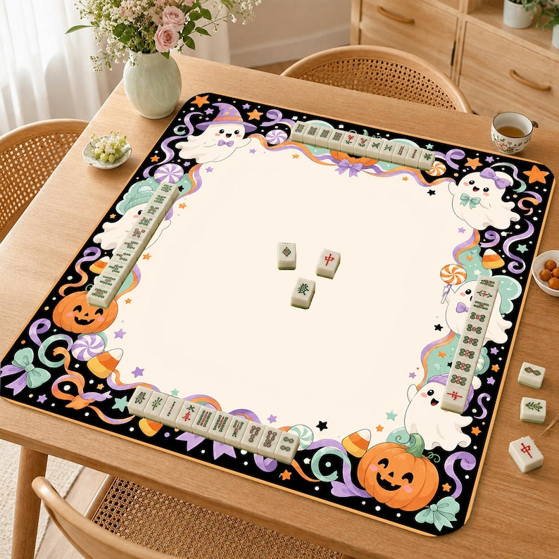 Halloween Mahjong Mat,Ghost Pumpkin Mah Jongg Table Mat, Kawaii Spooky Game Mat, Gift for Mahjong Lovers