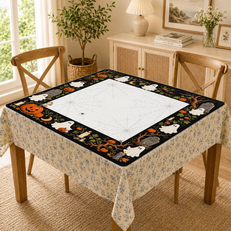 Spooky Halloween Mahjong Mat, Ghosts Pumpkins And Spiderwebs Mahjong Accessories