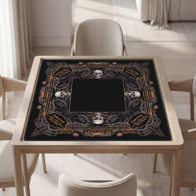 Personalized Mahjong Mat, Gothic Skull, Red-Eyed Thorned Vine, Polyester, Non-Slip