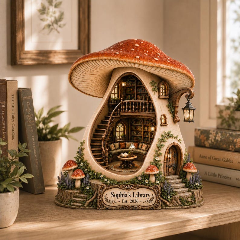 Personalized Mushroom Book Nook, Cozy Fairy House Wooden Block, Mushroom Library Decor
