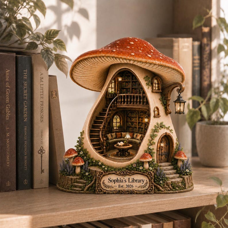 Personalized Mushroom Book Nook, Cozy Fairy House Wooden Block, Mushroom Library Decor