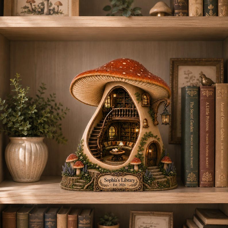 Personalized Mushroom Book Nook, Cozy Fairy House Wooden Block, Mushroom Library Decor
