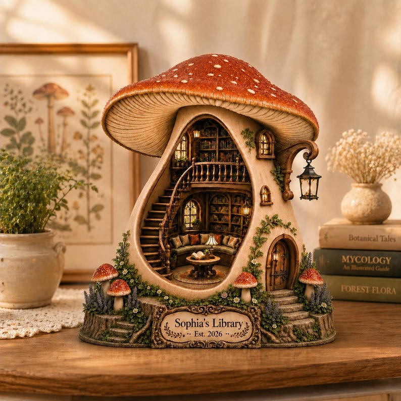 Personalized Mushroom Book Nook, Cozy Fairy House Wooden Block, Mushroom Library Decor