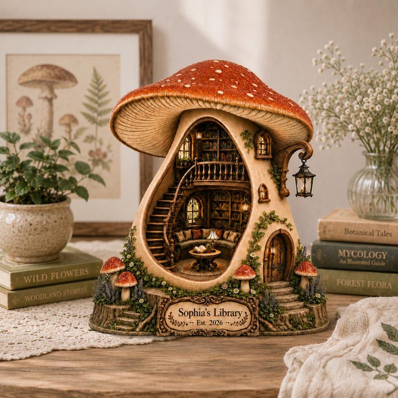 Personalized Mushroom Book Nook, Cozy Fairy House Wooden Block, Mushroom Library Decor