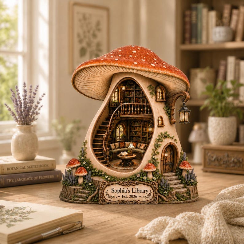 Personalized Mushroom Book Nook, Cozy Fairy House Wooden Block, Mushroom Library Decor