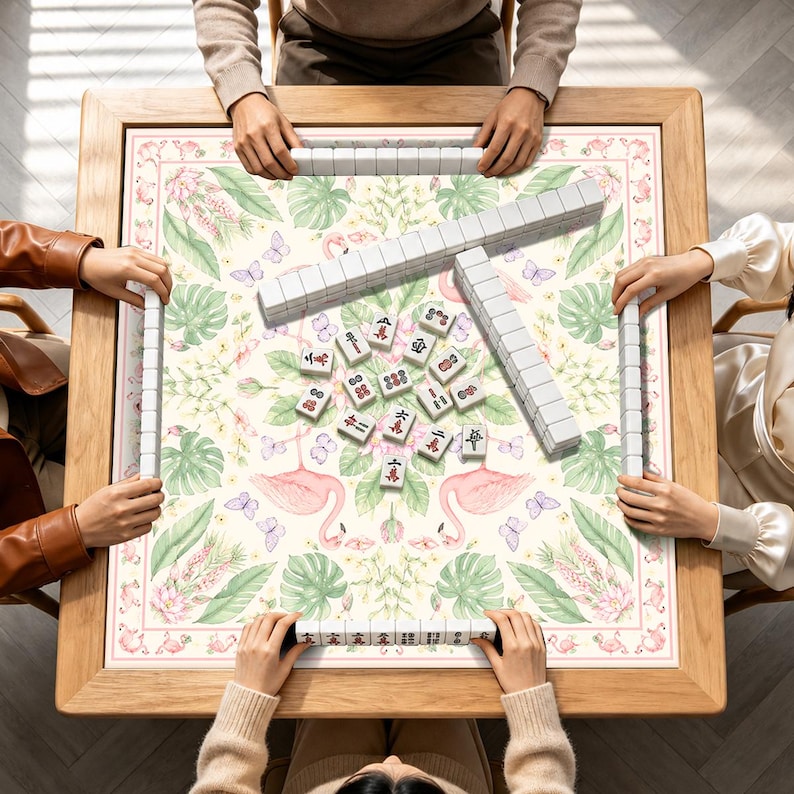 Personalized Flamingo Mahjong Mat, Custom Name Tropical Game Mat, Pink Botanical Table Cover, Charleston Gift