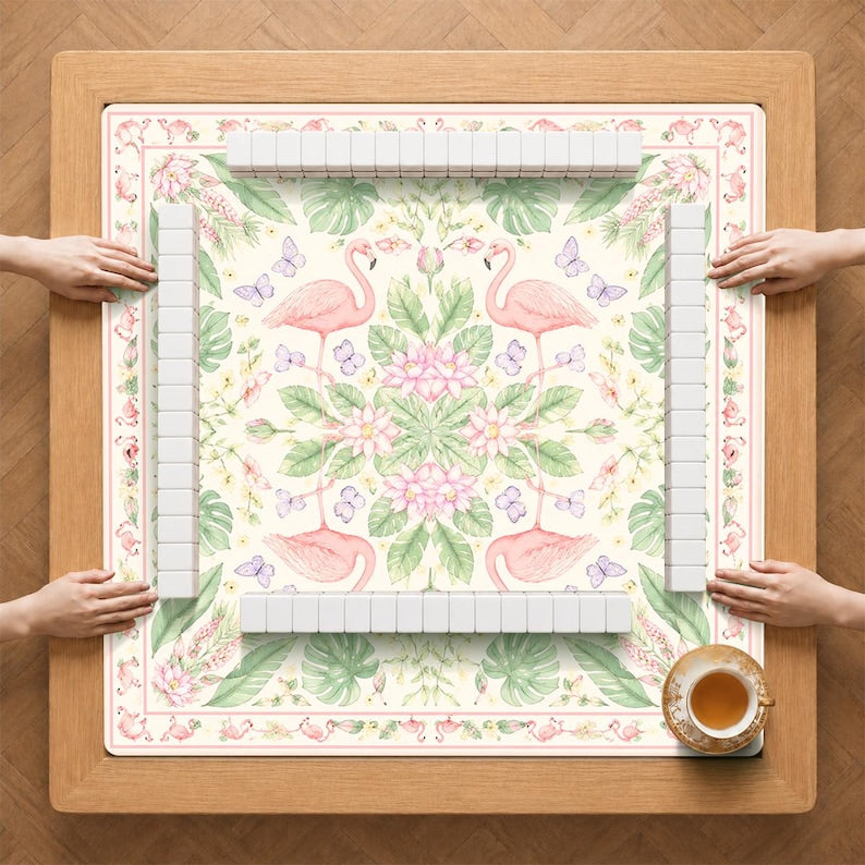 Personalized Flamingo Mahjong Mat, Custom Name Tropical Game Mat, Pink Botanical Table Cover, Charleston Gift