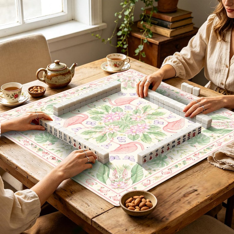 Personalized Flamingo Mahjong Mat, Custom Name Tropical Game Mat, Pink Botanical Table Cover, Charleston Gift