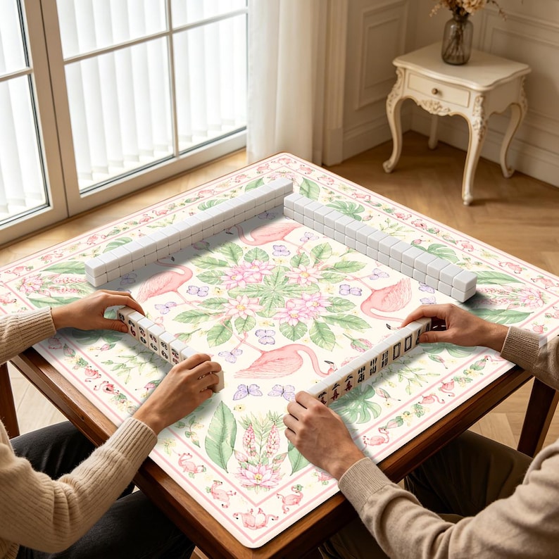 Personalized Flamingo Mahjong Mat, Custom Name Tropical Game Mat, Pink Botanical Table Cover, Charleston Gift