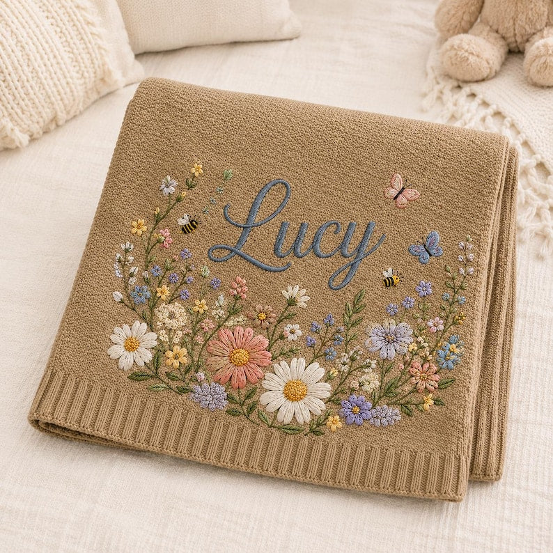 Personalized Floral Baby Blanket, Custom Name Blanket for Baby Girl, Soft Embroidered Flower Throw, Newborn Nursery Decor