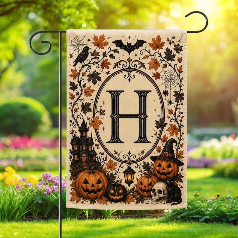 Personalized Halloween Monogram Garden Flag, Custom Initial Yard Banner, Pumpkin Fall Outdoor Decor