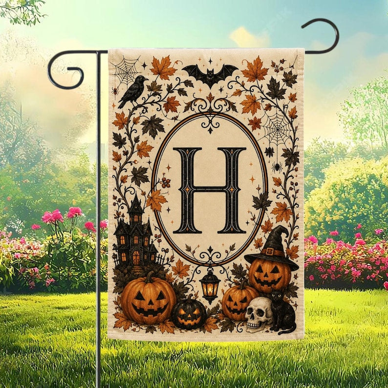 Personalized Halloween Monogram Garden Flag, Custom Initial Yard Banner, Pumpkin Fall Outdoor Decor