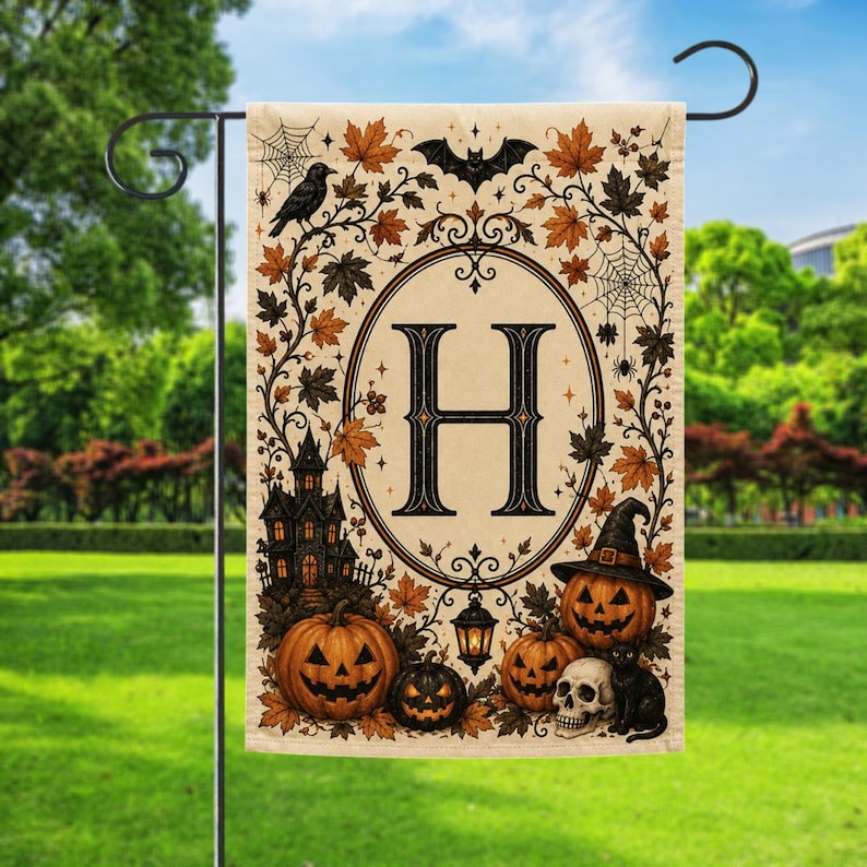 Personalized Halloween Monogram Garden Flag, Custom Initial Yard Banner, Pumpkin Fall Outdoor Decor