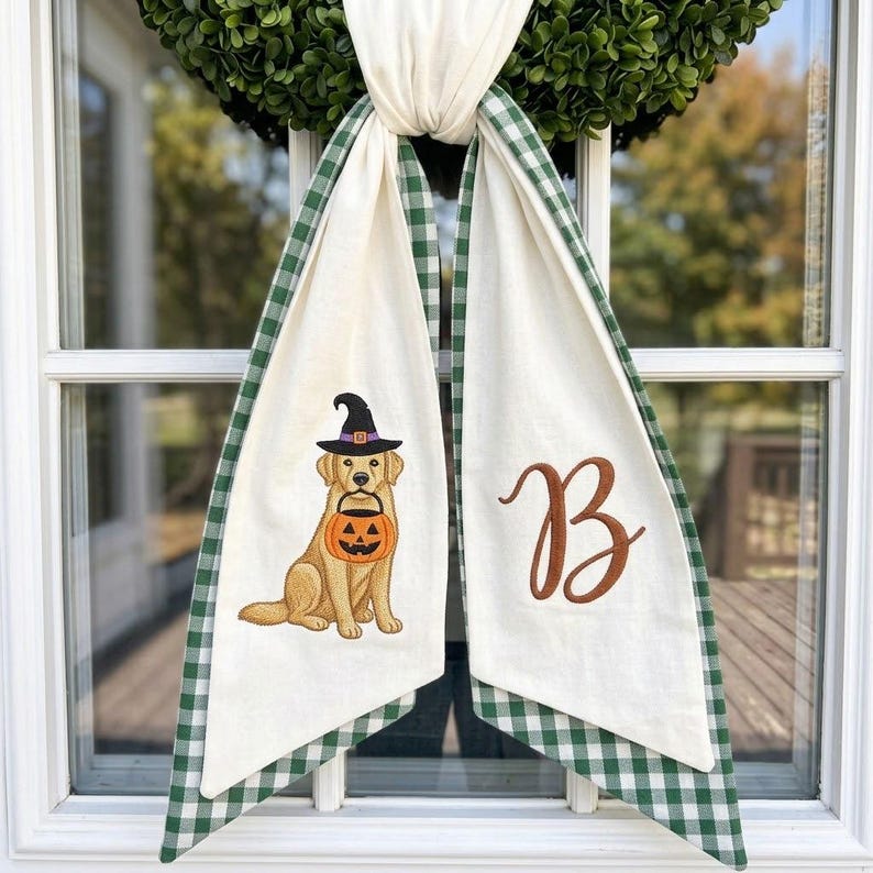 Custom Dog Halloween Wreath Sash Embroidered Fall Front Door Decor Golden Retriever Initial Monogram