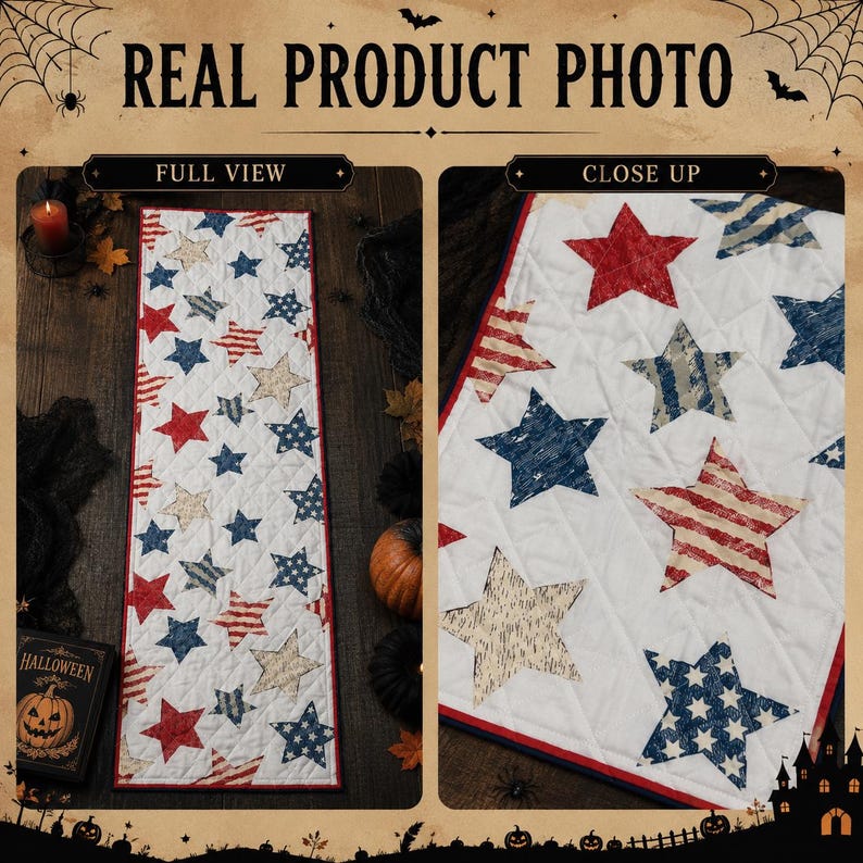 Halloween Quilted Table Runner, Fall Table Runner, Pumpkin Cat Ghost Bat Table Decor, Spooky Autumn Dining Table Runner