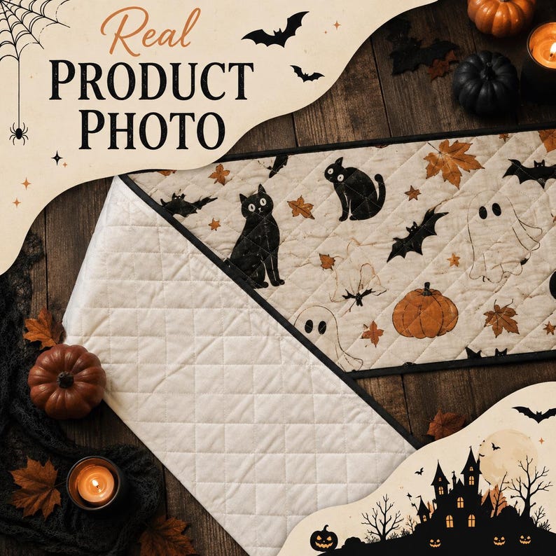 Halloween Quilted Table Runner, Fall Table Runner, Pumpkin Cat Ghost Bat Table Decor, Spooky Autumn Dining Table Runner