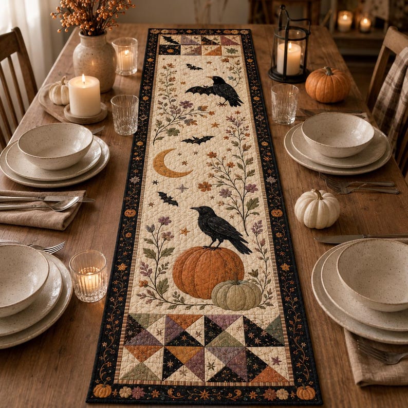 Halloween Quilted Table Runner, Fall Table Runner, Pumpkin Cat Ghost Bat Table Decor, Spooky Autumn Dining Table Runner