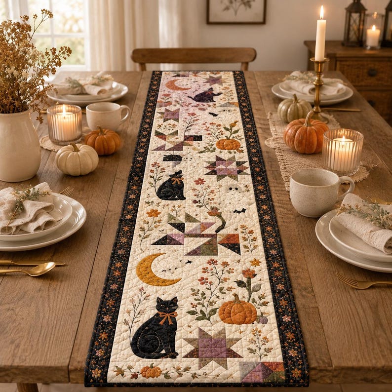 Halloween Quilted Table Runner, Fall Table Runner, Pumpkin Cat Ghost Bat Table Decor, Spooky Autumn Dining Table Runner