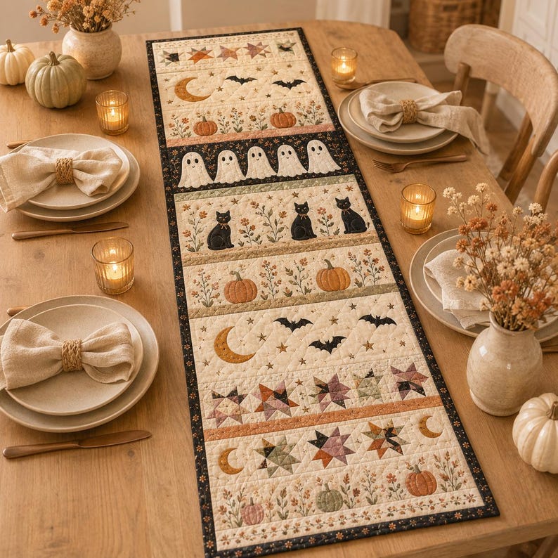 Halloween Quilted Table Runner, Fall Table Runner, Pumpkin Cat Ghost Bat Table Decor, Spooky Autumn Dining Table Runner