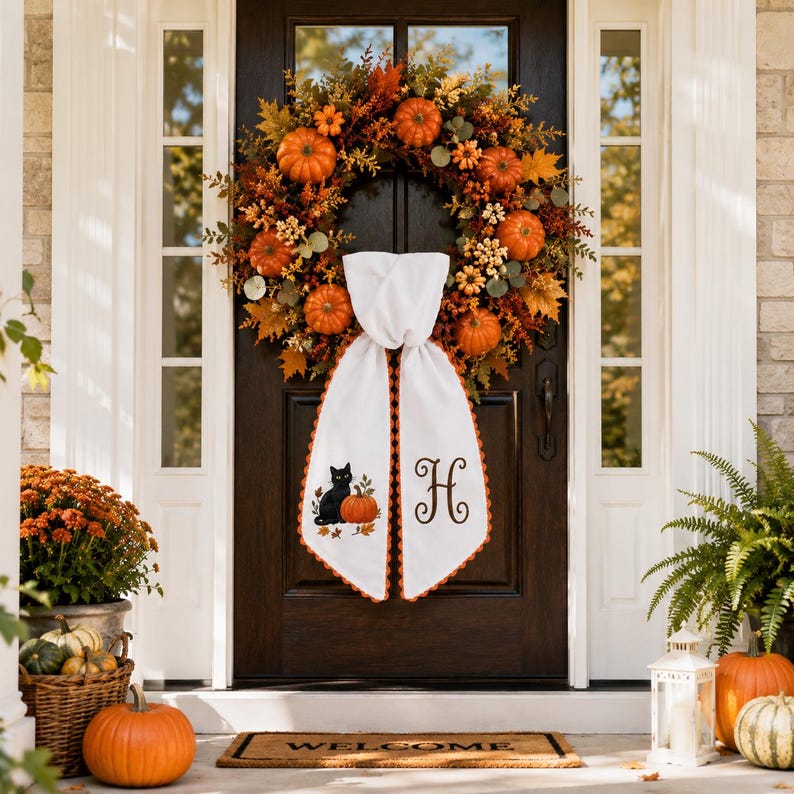 Personalized Halloween Wreath Sash, Black Cat Pumpkin Door Bow, Halloween Sash, Wreath Sash, Door Bow