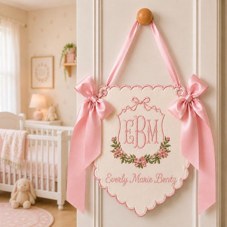 Personalized Baby Girl Hospital Banner, Embroidered Monogram Crib Banner, Newborn Name Sign, Floral Nursery Crib Decor