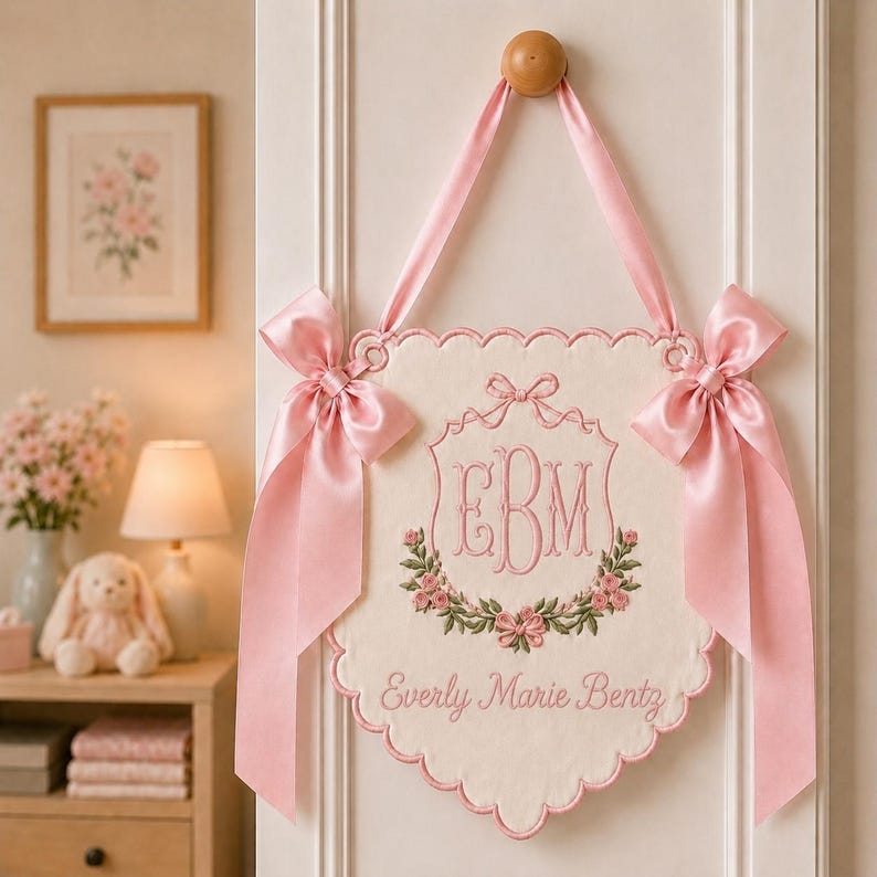 Personalized Baby Girl Hospital Banner, Embroidered Monogram Crib Banner, Newborn Name Sign, Floral Nursery Crib Decor