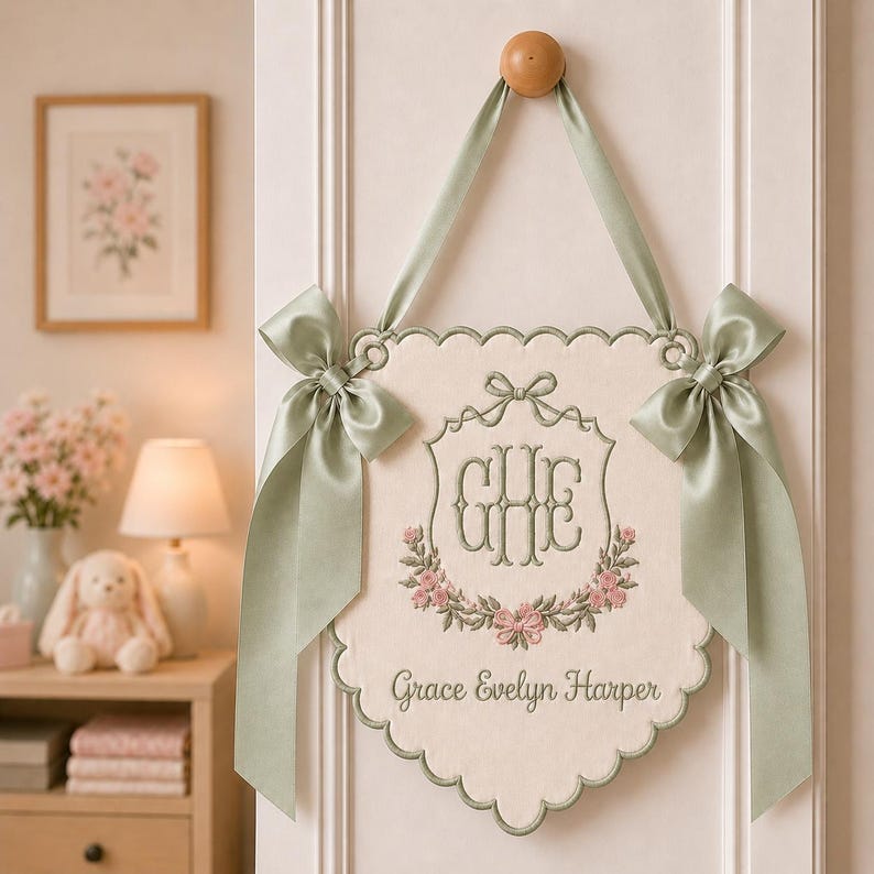 Personalized Baby Girl Hospital Banner, Embroidered Monogram Crib Banner, Newborn Name Sign, Floral Nursery Crib Decor