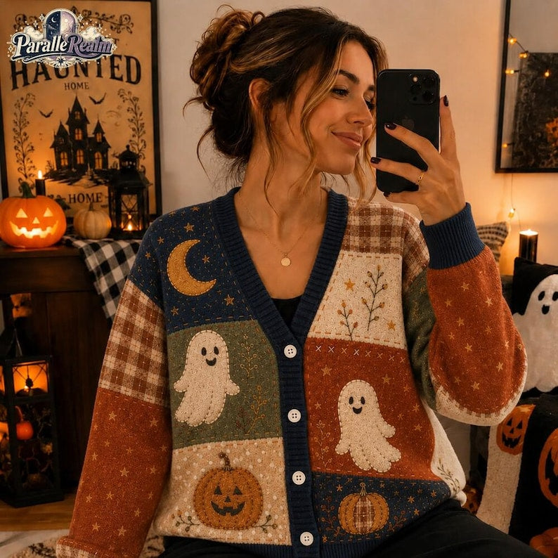 Patchwork Cardigan, Halloween Sweater 2026, Spooky Ghost Pumpkin Top, Fall Pumpkin Cardigan