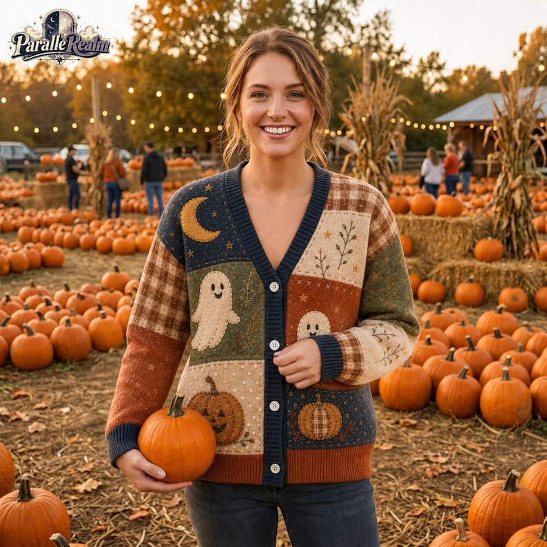 Patchwork Cardigan, Halloween Sweater 2026, Spooky Ghost Pumpkin Top, Fall Pumpkin Cardigan