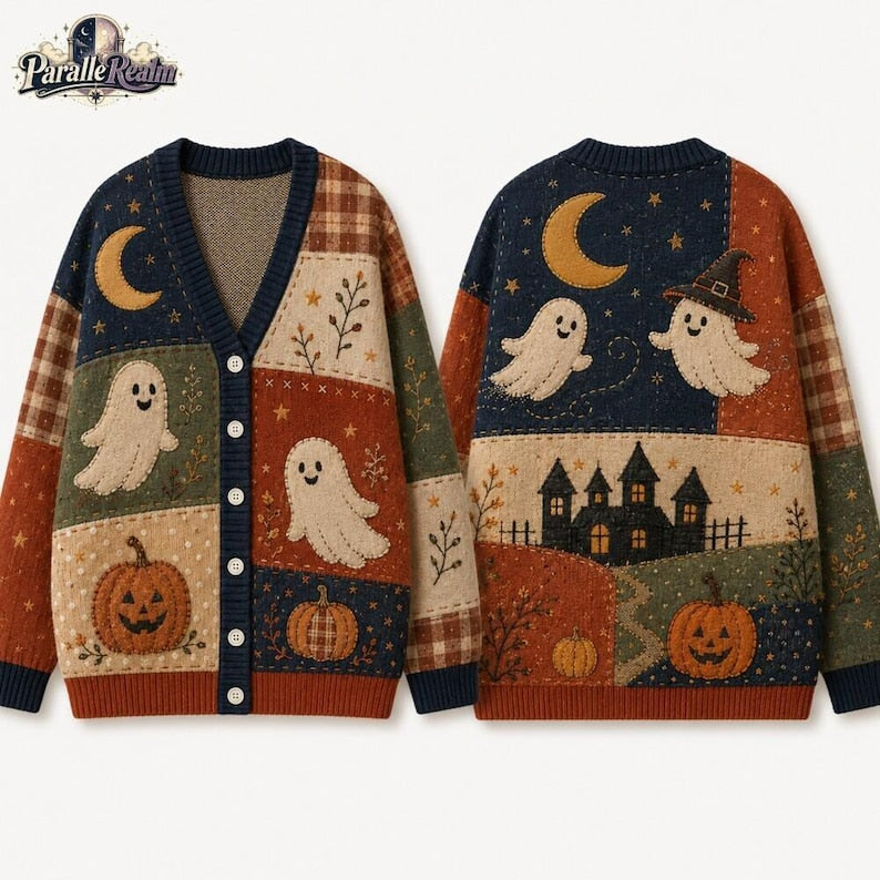 Patchwork Cardigan, Halloween Sweater 2026, Spooky Ghost Pumpkin Top, Fall Pumpkin Cardigan