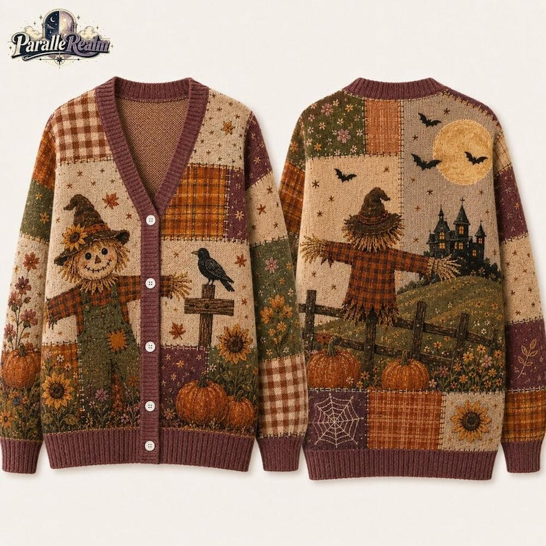Personalized Halloween Cardigan, Scarecrow Pumpkin Patchwork Sweater, Fall Harvest Knit