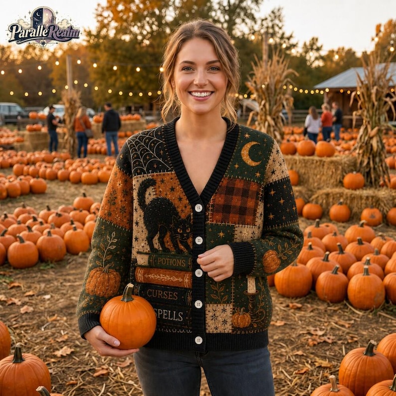 Vintage Witchy Black Cat Cardigan, Halloween Patchwork Sweater, Fall Pumpkin Patch Knit, Spooky Gift