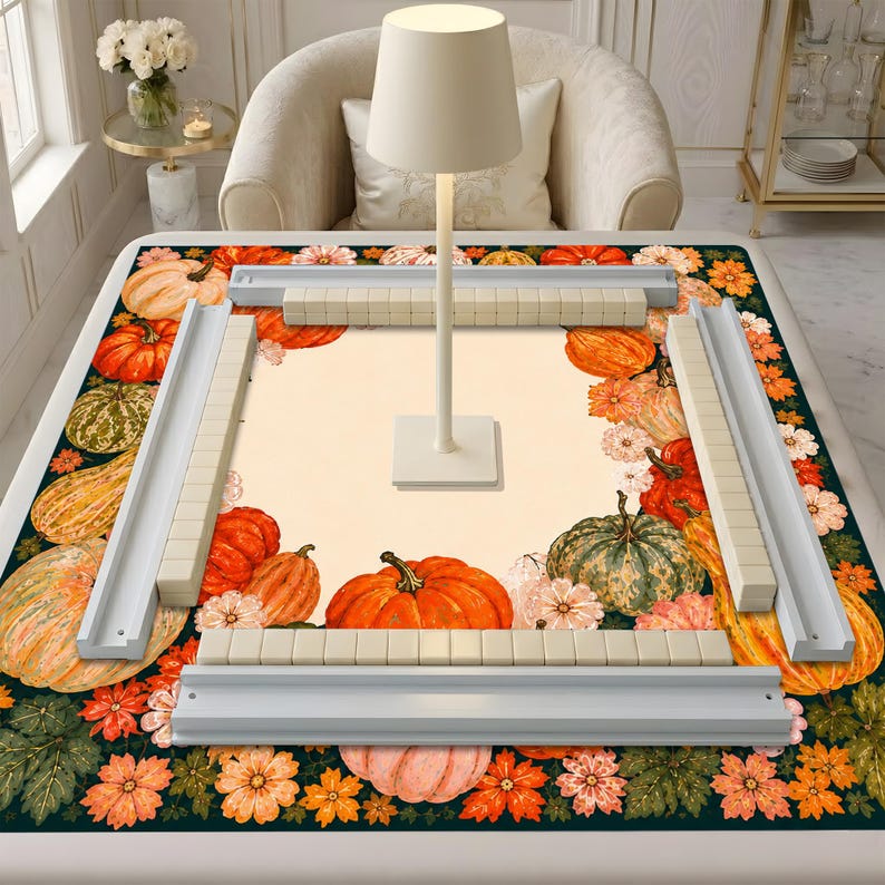 Autumn Harvest Mahjong Mat, Festive Fall Pumpkin Mah Jongg Table Cover, Floral Hostess Mahj Gift