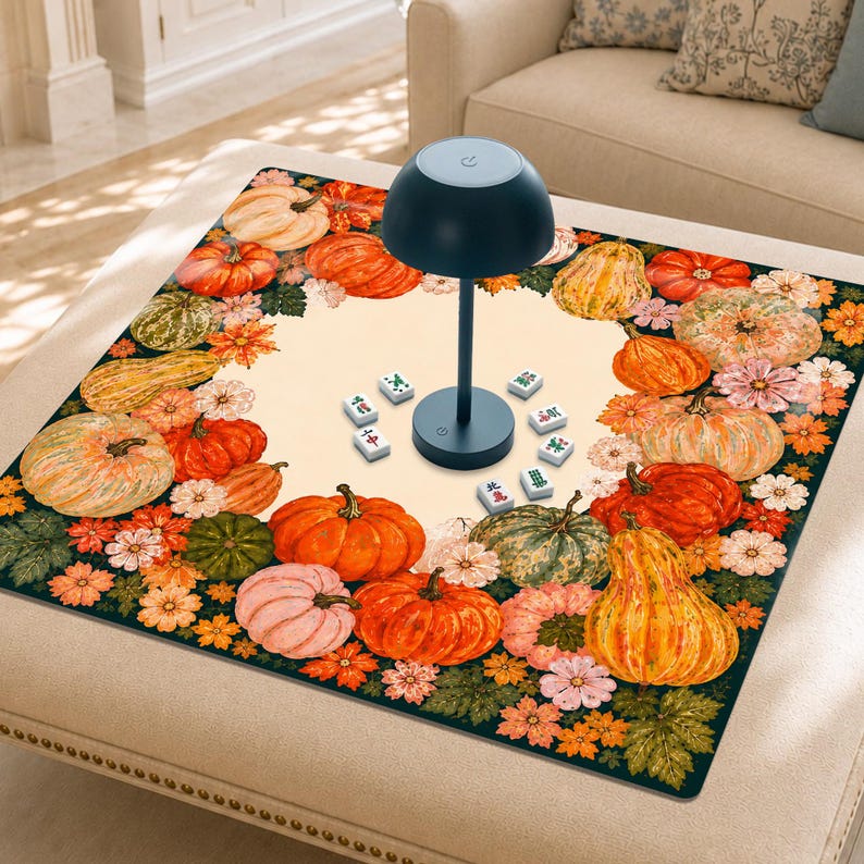 Autumn Harvest Mahjong Mat, Festive Fall Pumpkin Mah Jongg Table Cover, Floral Hostess Mahj Gift