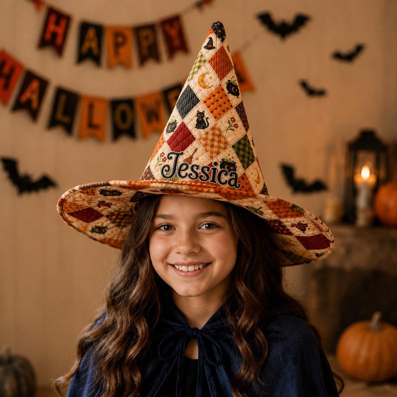 Personalized Witch Hat Decor, Primitive Quilted Halloween Hat, Custom Name Fall Table Decor, Rustic Black Cat Witch Hat