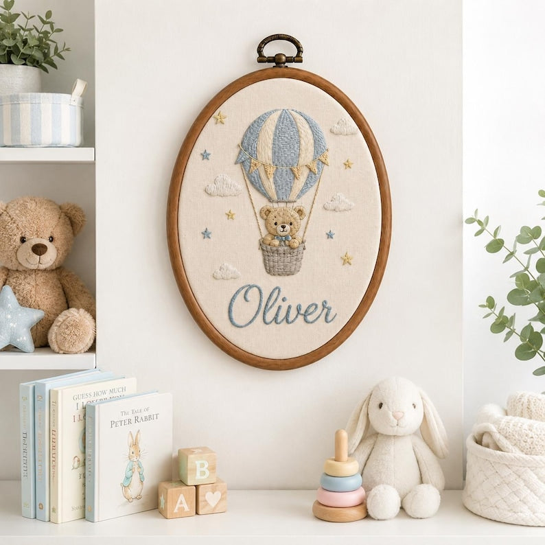 Personalized Hot Air Balloon Teddy Bear Baby Name Embroidery Hoop, Custom Blue Sky Nursery Wall Decor