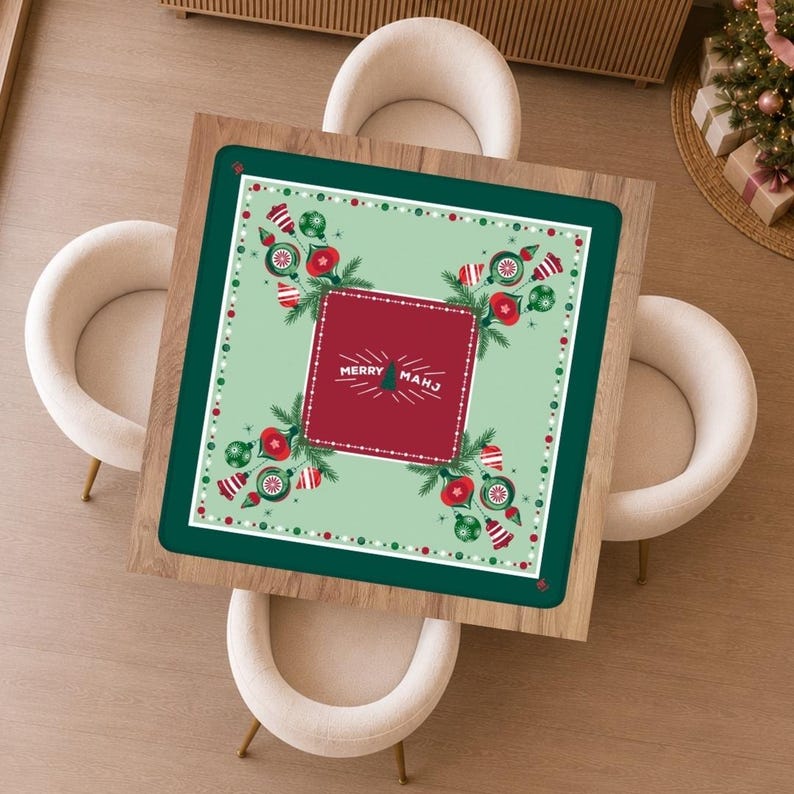 Classic Very Merry Mahj Mahjong Mat, Green Christmas Mahjong Decor, Retro Holiday Game Night, Festive Mahj Collection