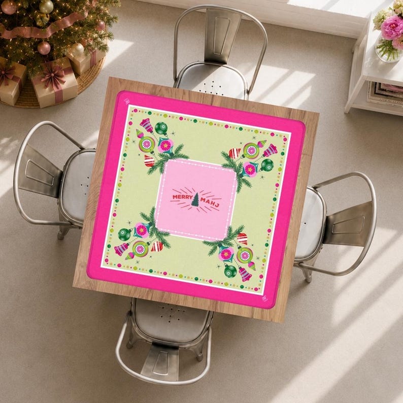 Very Merry Mahj Mahjong Mat, Pink Christmas Mahjong Decor, Retro Holiday Game Night, Festive Mahj Collection