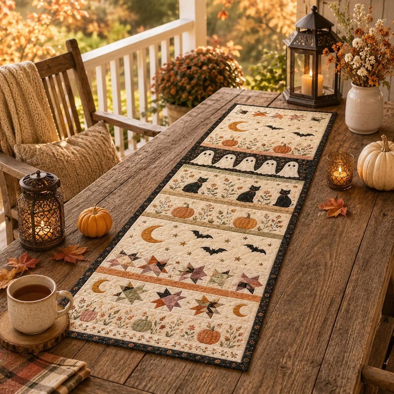 Halloween Quilted Table Runner, Fall Table Runner, Pumpkin Cat Ghost Bat Table Decor, Spooky Autumn Dining Table Runner
