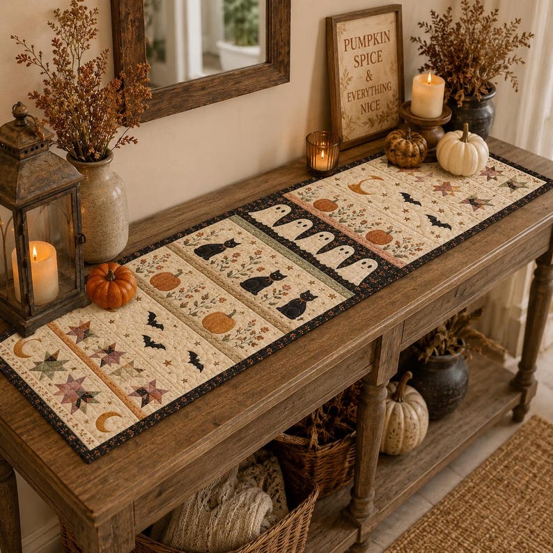 Halloween Quilted Table Runner, Fall Table Runner, Pumpkin Cat Ghost Bat Table Decor, Spooky Autumn Dining Table Runner