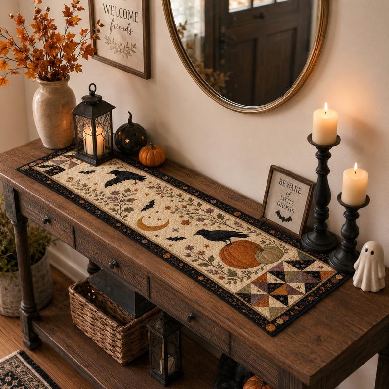 Halloween Quilted Table Runner, Fall Table Runner, Pumpkin Cat Ghost Bat Table Decor, Spooky Autumn Dining Table Runner