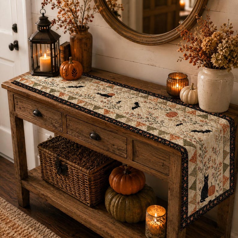 Halloween Quilted Table Runner, Fall Table Runner, Pumpkin Cat Ghost Bat Table Decor, Spooky Autumn Dining Table Runner