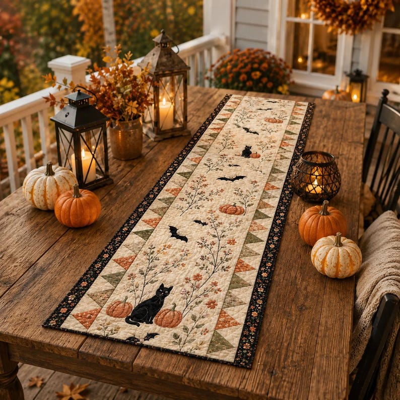 Halloween Quilted Table Runner, Fall Table Runner, Pumpkin Cat Ghost Bat Table Decor, Spooky Autumn Dining Table Runner