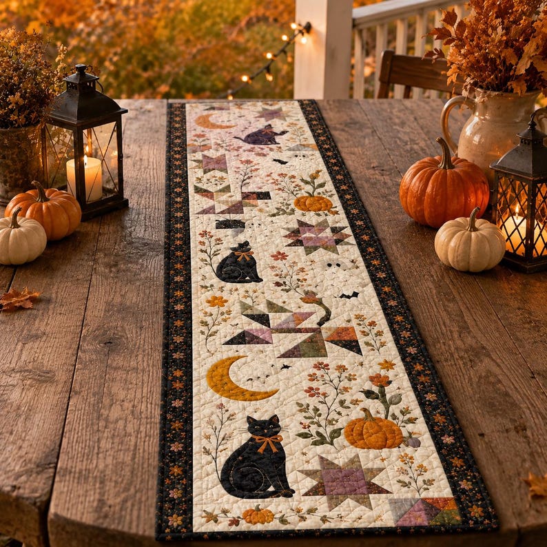Halloween Quilted Table Runner, Fall Table Runner, Pumpkin Cat Ghost Bat Table Decor, Spooky Autumn Dining Table Runner