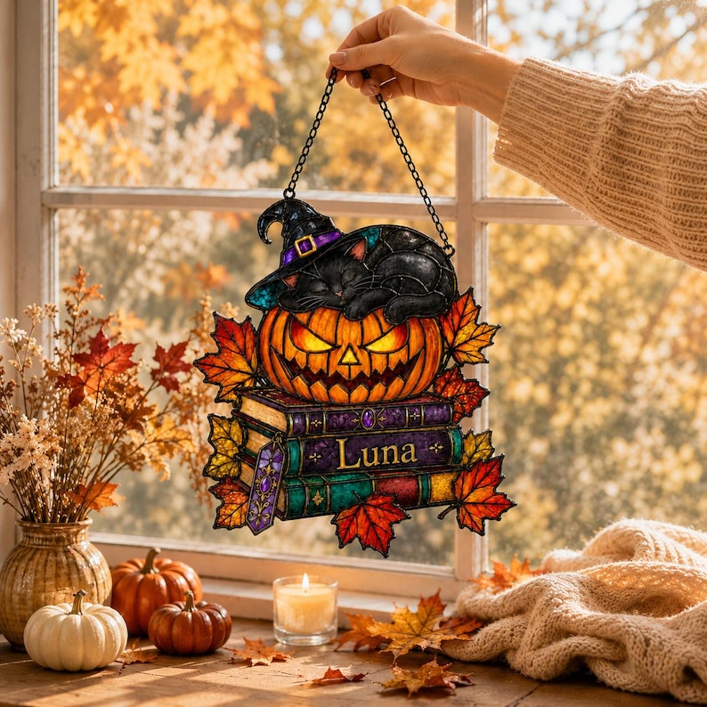 Personalized Witch Cat Pumpkin Acrylic Suncatcher, Halloween Suncatcher, Black Cat Acrylic Art, Reading Gift, Book Lover Gift