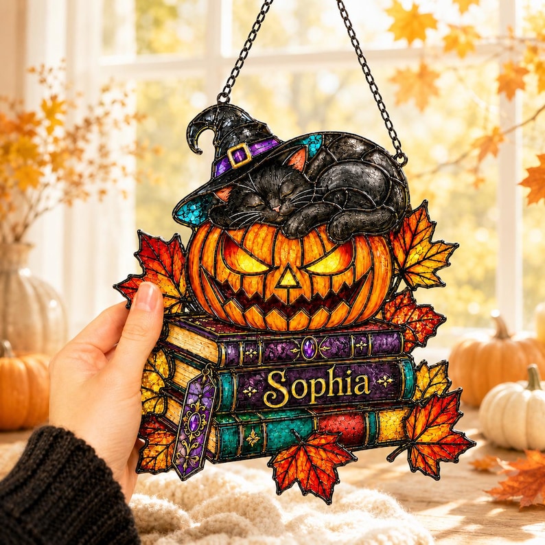 Personalized Witch Cat Pumpkin Acrylic Suncatcher, Halloween Suncatcher, Black Cat Acrylic Art, Reading Gift, Book Lover Gift