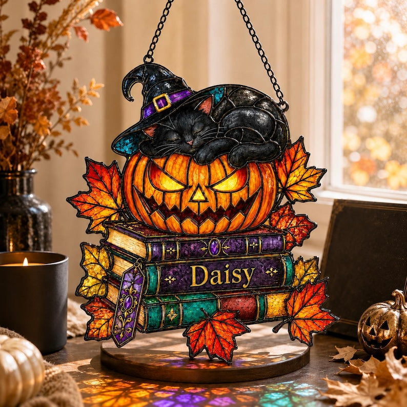 Personalized Witch Cat Pumpkin Acrylic Suncatcher, Halloween Suncatcher, Black Cat Acrylic Art, Reading Gift, Book Lover Gift