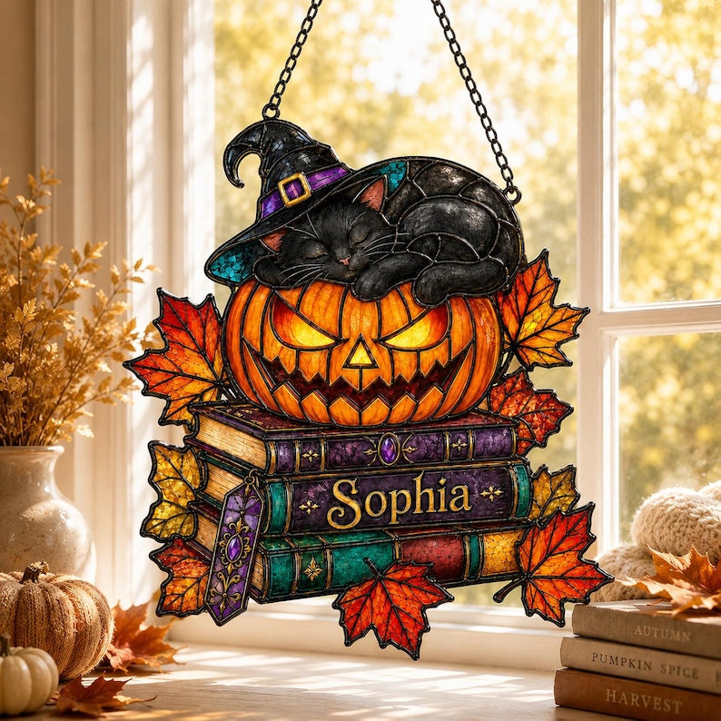 Personalized Witch Cat Pumpkin Acrylic Suncatcher, Halloween Suncatcher, Black Cat Acrylic Art, Reading Gift, Book Lover Gift