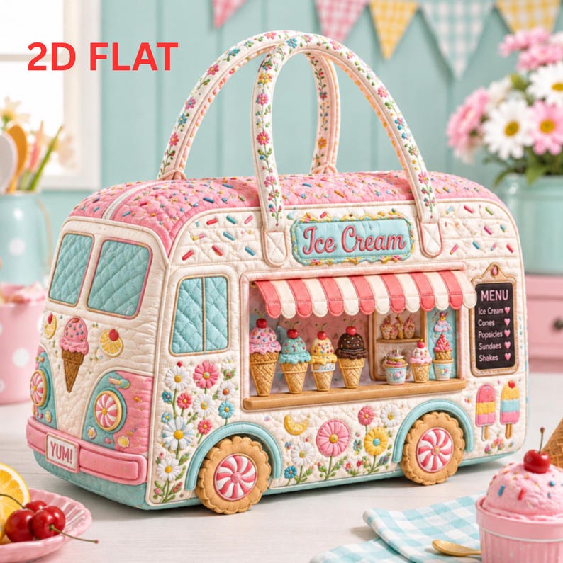 Ice Cream Truck Bag, Quilted Dessert Purse, Pastel Sweet Shop Handbag, Cute Summer Party Gift