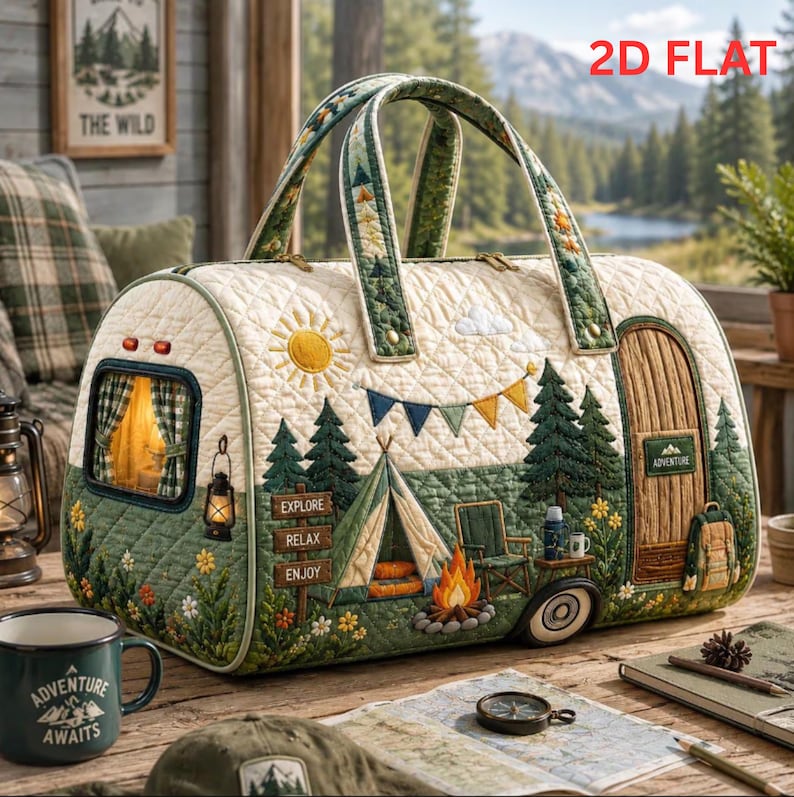 Quilted Camping Duffel Bag, Adventure Travel Weekender, Forest Cabin Overnight Bag, Mountain Camp Gift